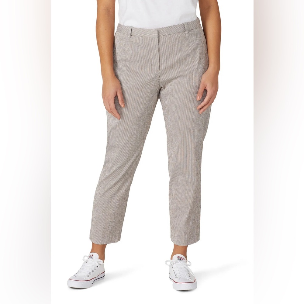 Theory Seersucker Trousers White and Brown Stripped Cropped Pants